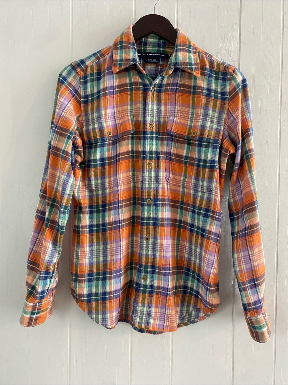 Ralph Lauren Sport Plaid Orange Button Down 100% Cotton Women’s Size 8
